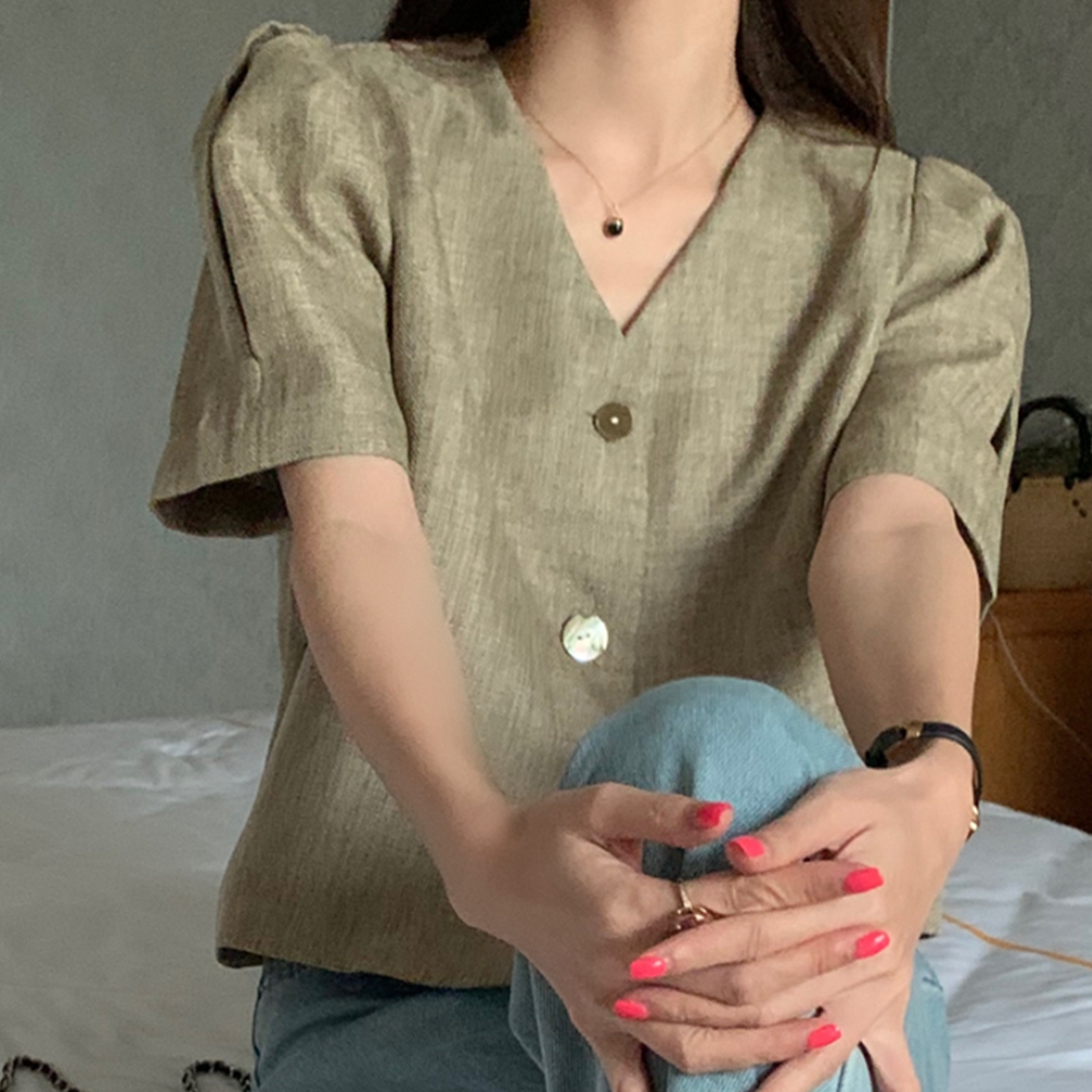 린넨노카라자켓 퍼프 크롭 반팔 여름 볼레로 여성 자켓 - 상세 이미지 4