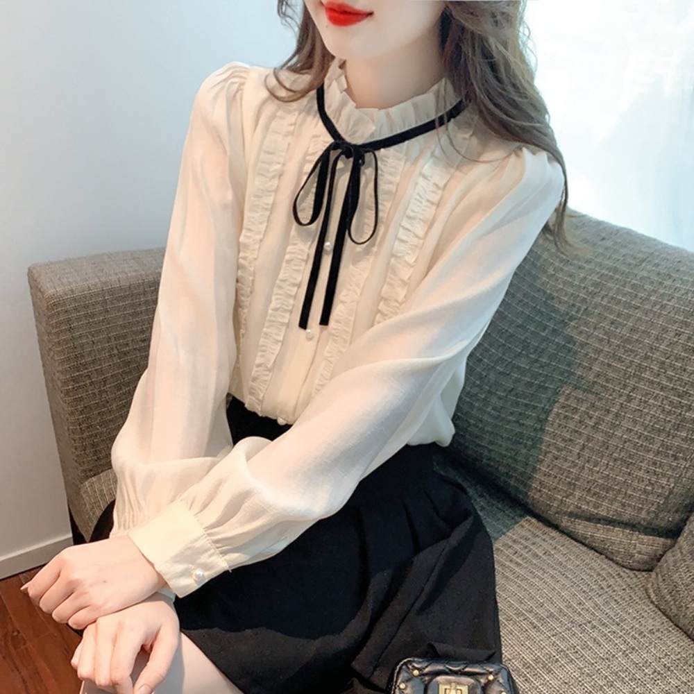 블랙리본 반팔 블라우스 프릴 프렌치 감성 여름 데이트 - 상세 이미지 2