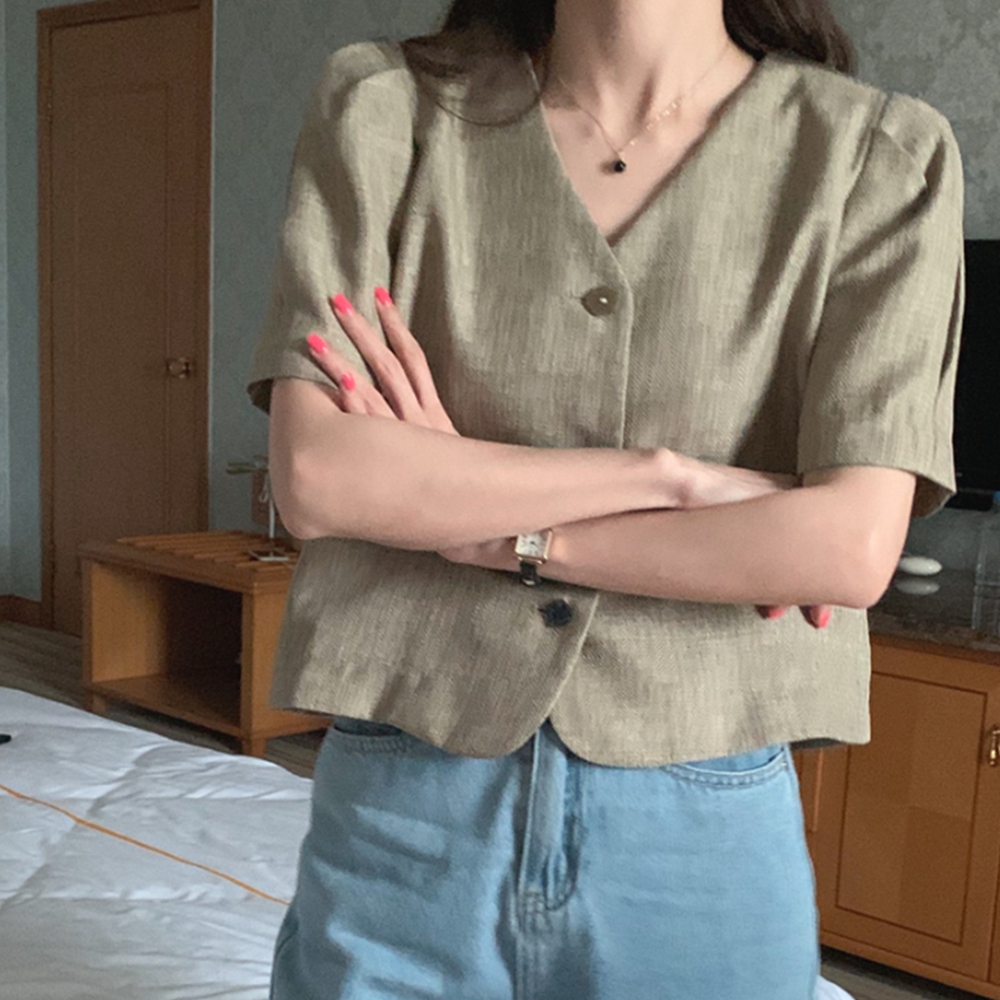 린넨노카라자켓 퍼프 크롭 반팔 여름 볼레로 여성 자켓 - 상세 이미지 2