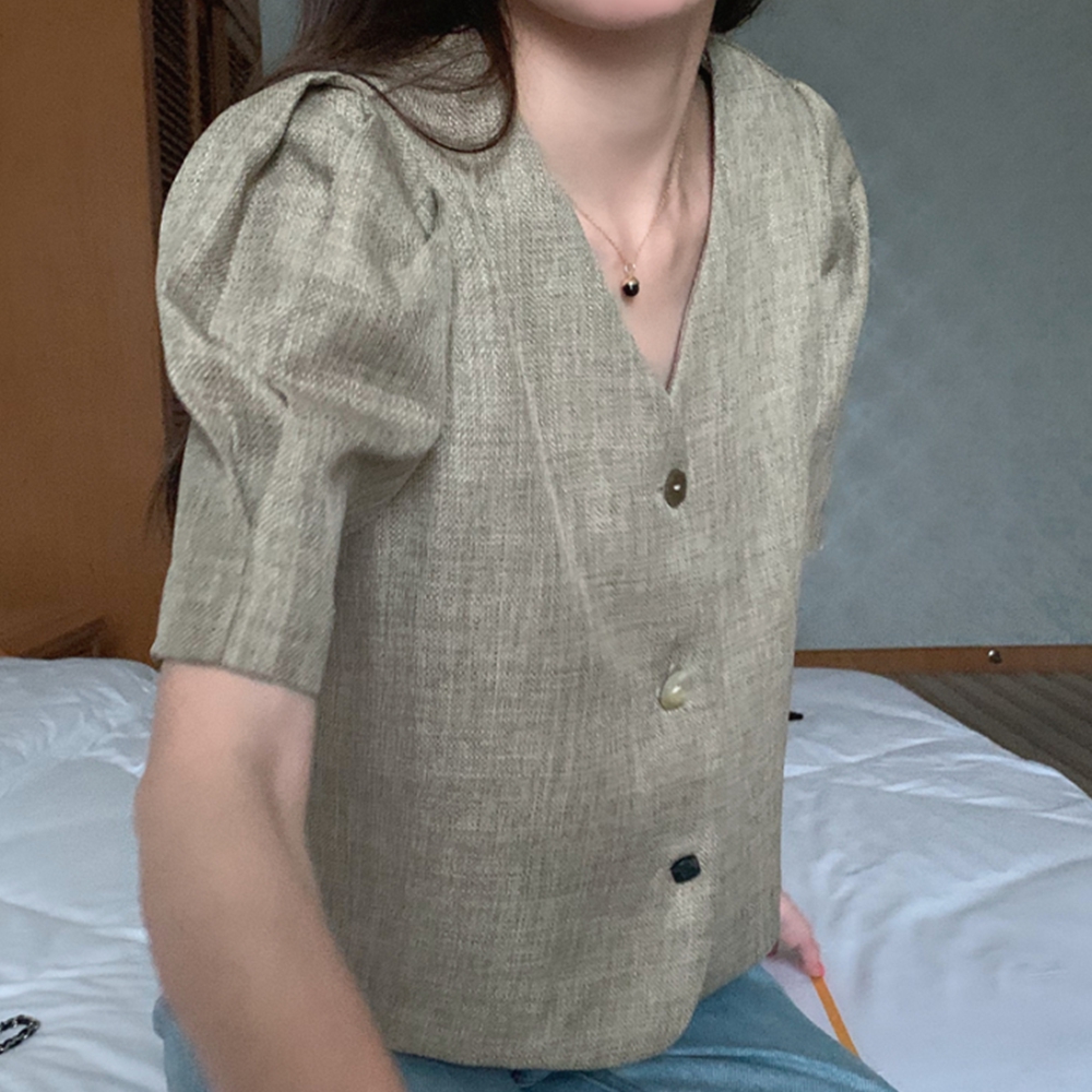 린넨노카라자켓 퍼프 크롭 반팔 여름 볼레로 여성 자켓 - 상세 이미지 5