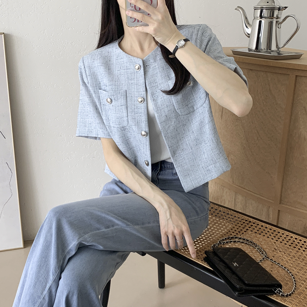 [하객룩] 바질 썸머 세미크롭 반팔 트위드 자켓 상세 이미지 1