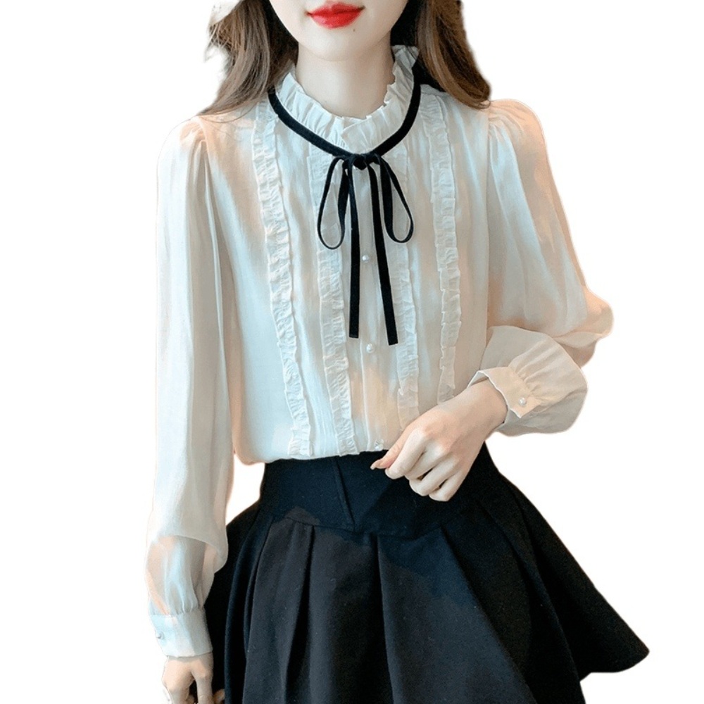 블랙리본 반팔 블라우스 프릴 프렌치 감성 여름 데이트 이미지 6