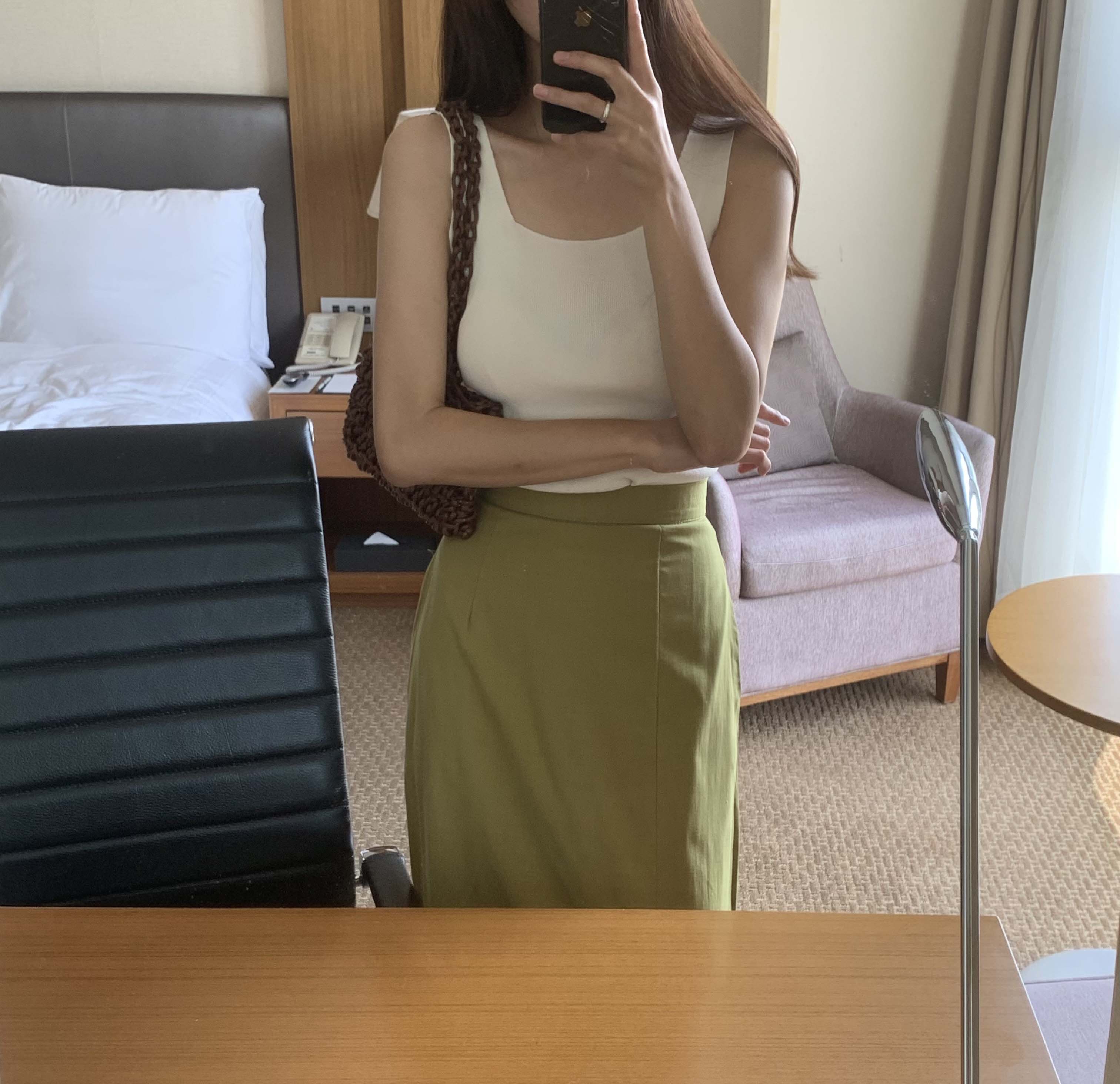 (BEST재진행)쪼이 린넨 트임 슬릿 여름 H라인 포인트 포켓 절개 슬림 린넨 롱 스커트(올리브그린) - 상세 이미지 2
