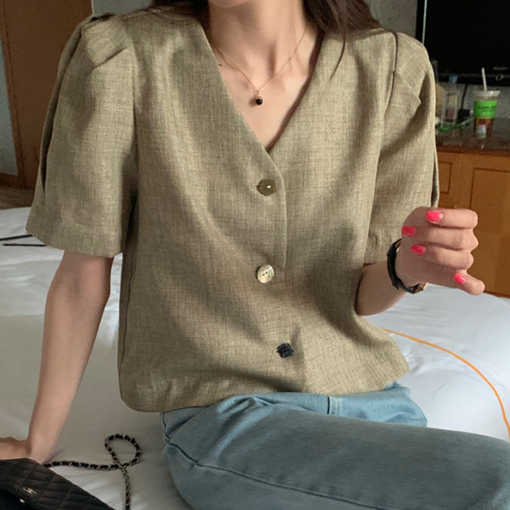 린넨노카라자켓 퍼프 크롭 반팔 여름 볼레로 여성 자켓 - 상세 이미지 3