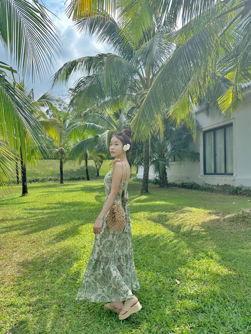 💚휴양지룩💚M-XL 그린 리프 휴양지 비치 롱 원피스 상세 이미지 6
