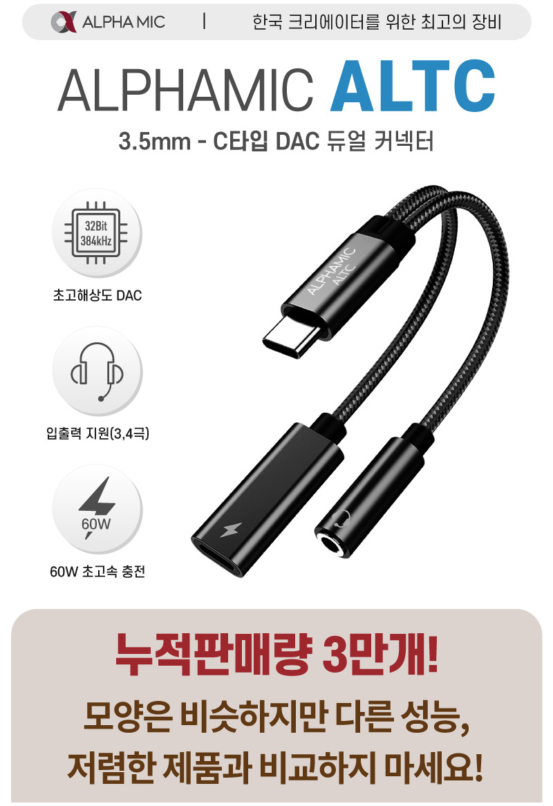 알파믹 C타입 이어폰 마이크 연결 변환 고속 충전 듀얼 젠더 USB Cto3.5 스마트폰 판매처 상세 정보 이미지 1