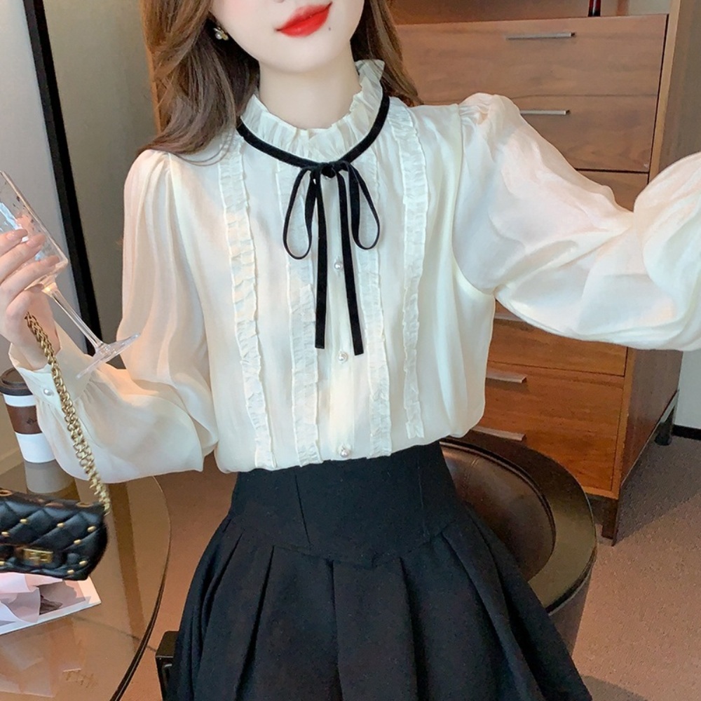 블랙리본 반팔 블라우스 프릴 프렌치 감성 여름 데이트 - 상세 이미지 5