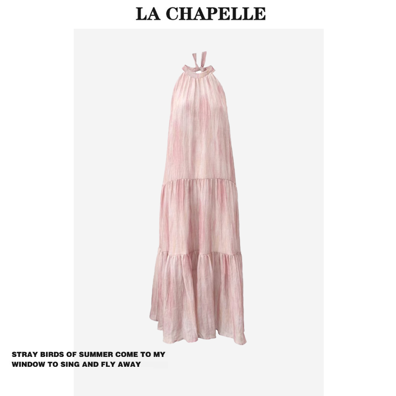 홀터넥 핑크 롱원피스 봄 여름 휴가 휴양지룩 캉캉스커트 원피스 La Chapelle - 상세 이미지 3