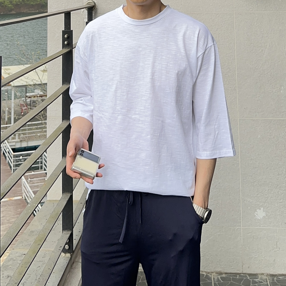 남자 7부티셔츠 오버핏 슬라브 흰색 반팔 티셔츠 - 상세 이미지 3