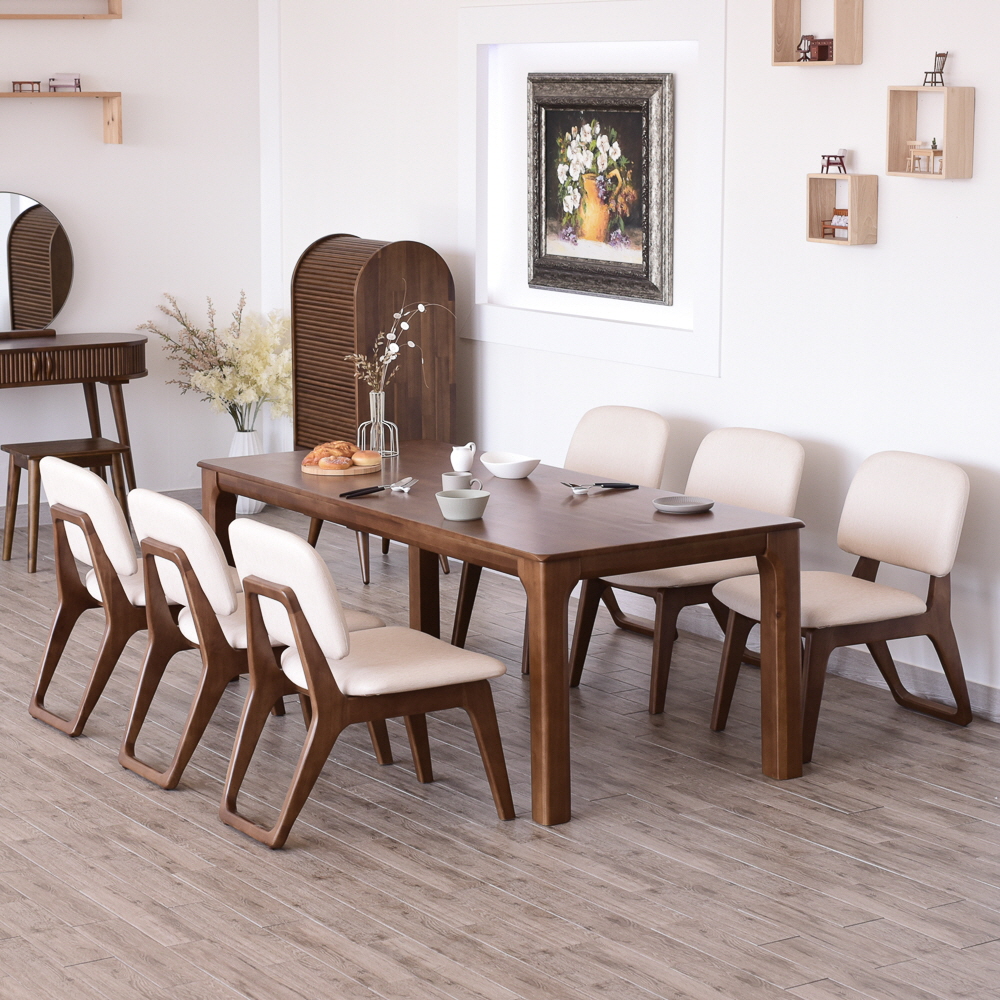 이즈네이처 낮은식탁 원목 6인용식탁 세트 식탁+의자6, 1900mm, A타입(스퀘어 의자), 월넛브라운