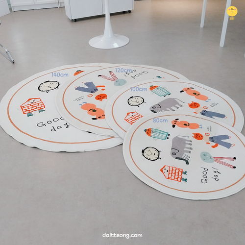 달떵 귀여운 굿데이 애니멀 원형 러그 멀티화이트, 100x100cm