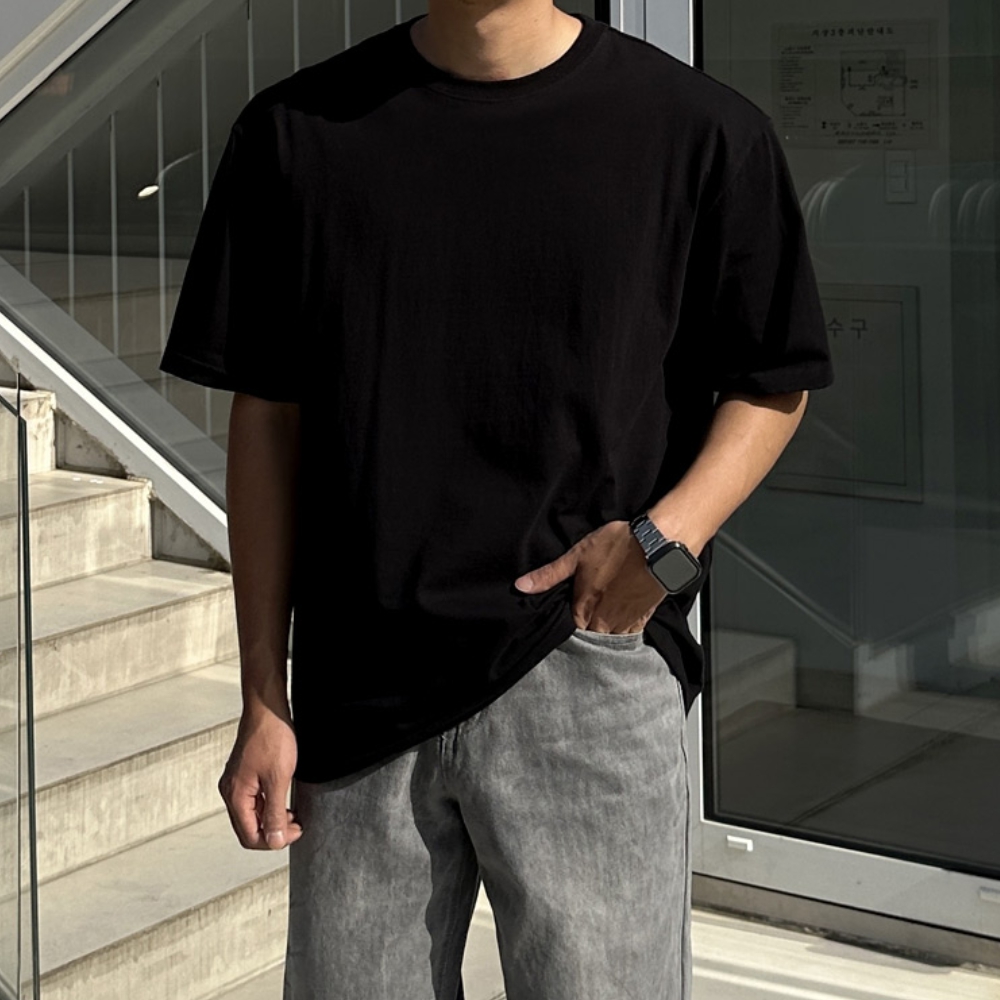 1+1+1 남자 쏘아 오버핏 여름 텐타덤블 무지 반팔티 - 상품 이미지