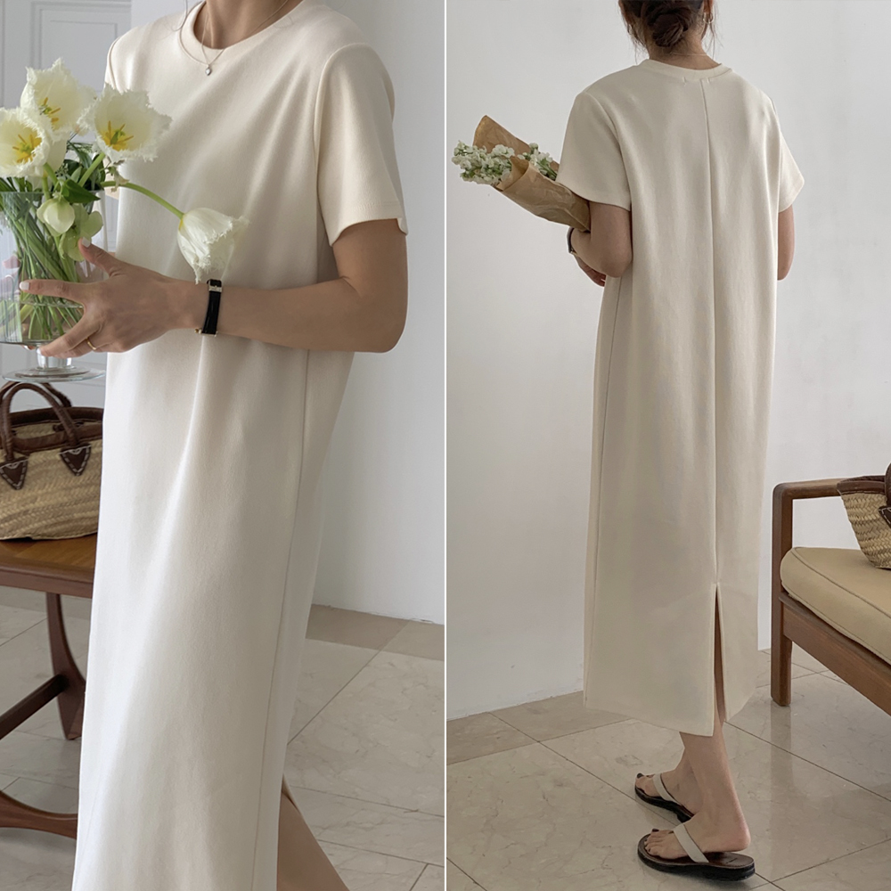캐주얼 뒷트임 면 스판 루즈핏 맥시 반팔 롱 원피스 여름 원피스 여성 H라인 데일리룩