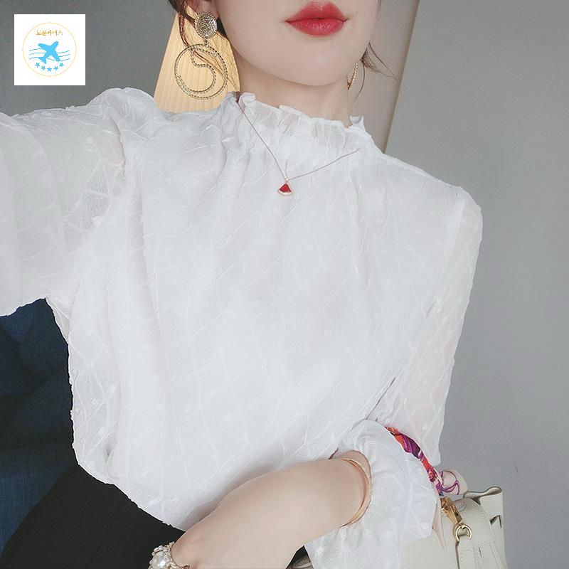 하객 출근룩 레이스 긴팔 흰색 정장 여름 블라우스 - 상세 이미지 3