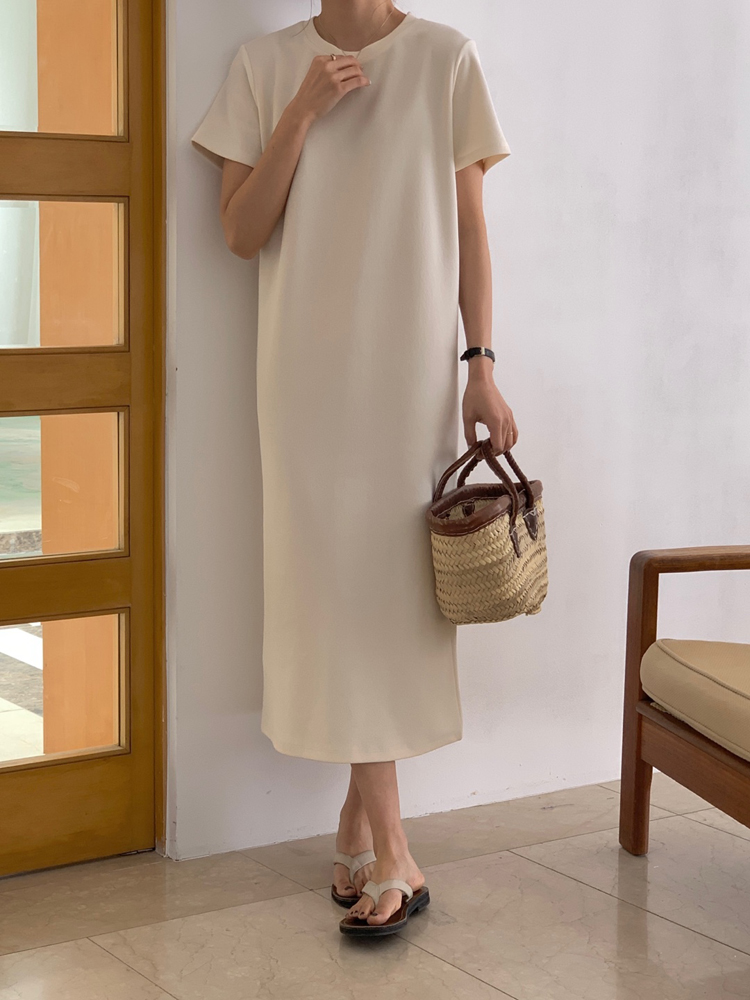 캐주얼 뒷트임 면 스판 루즈핏 맥시 반팔 롱 원피스 여름 원피스 여성 H라인 데일리룩