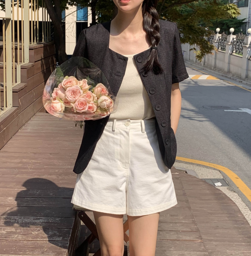 눅스 스퀘어넥 노카라 라인 반팔 재킷 루즈핏 여리 여름 트위드 린넨 썸머 여성 자켓 - 상세 이미지 3