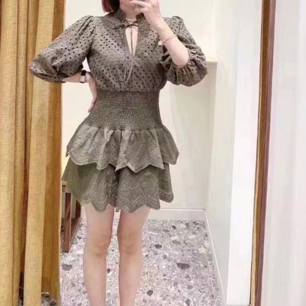 여름 펀칭 원피스 카키 고급 고퀄 예쁜 디자인 여름 휴양지 코디 - 상세 이미지 4