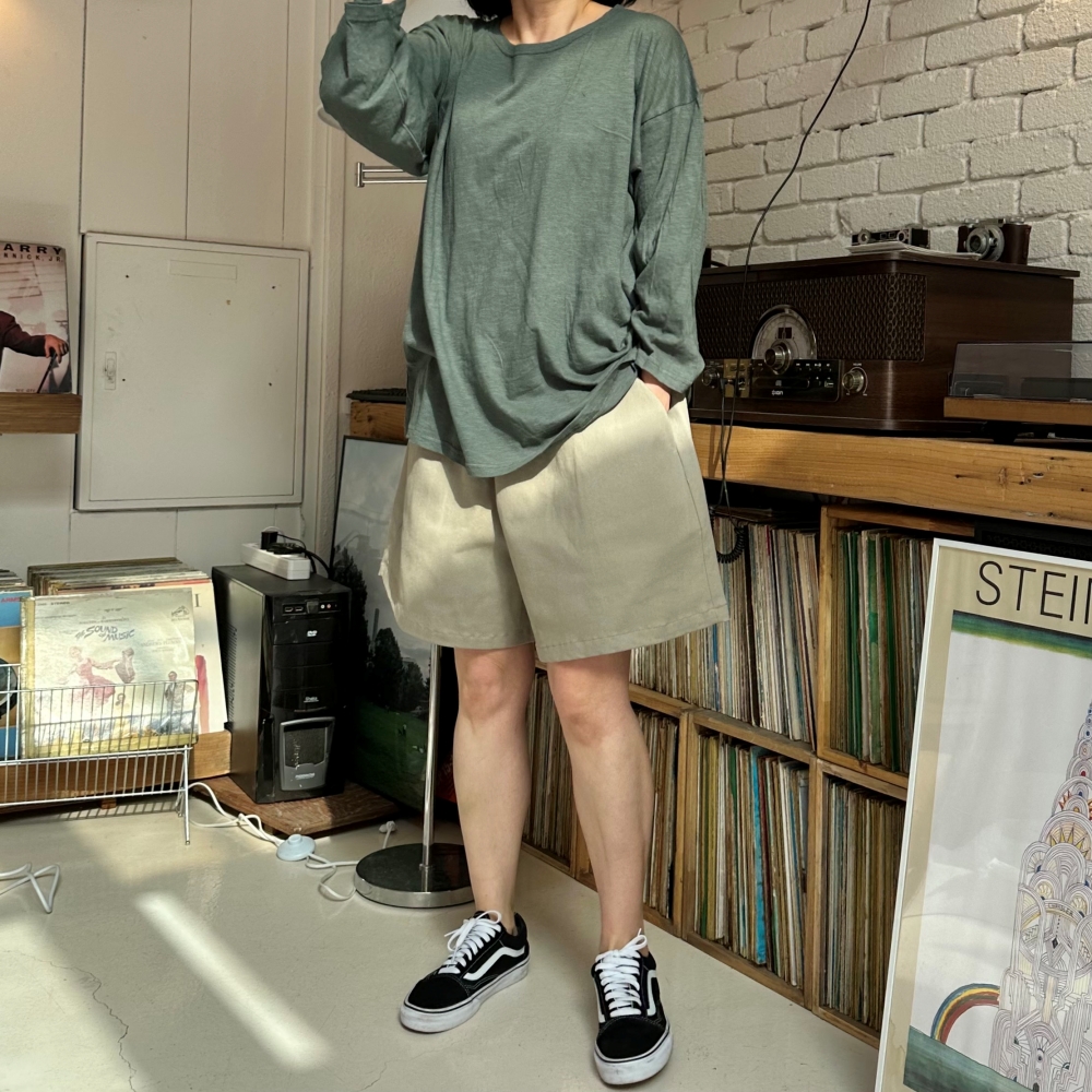 빅사이즈 자체제작 슬라브 면 박시 티셔츠 가벼운 데일리 이너 라운드넥 다크 카키 긴팔 티 이미지 4