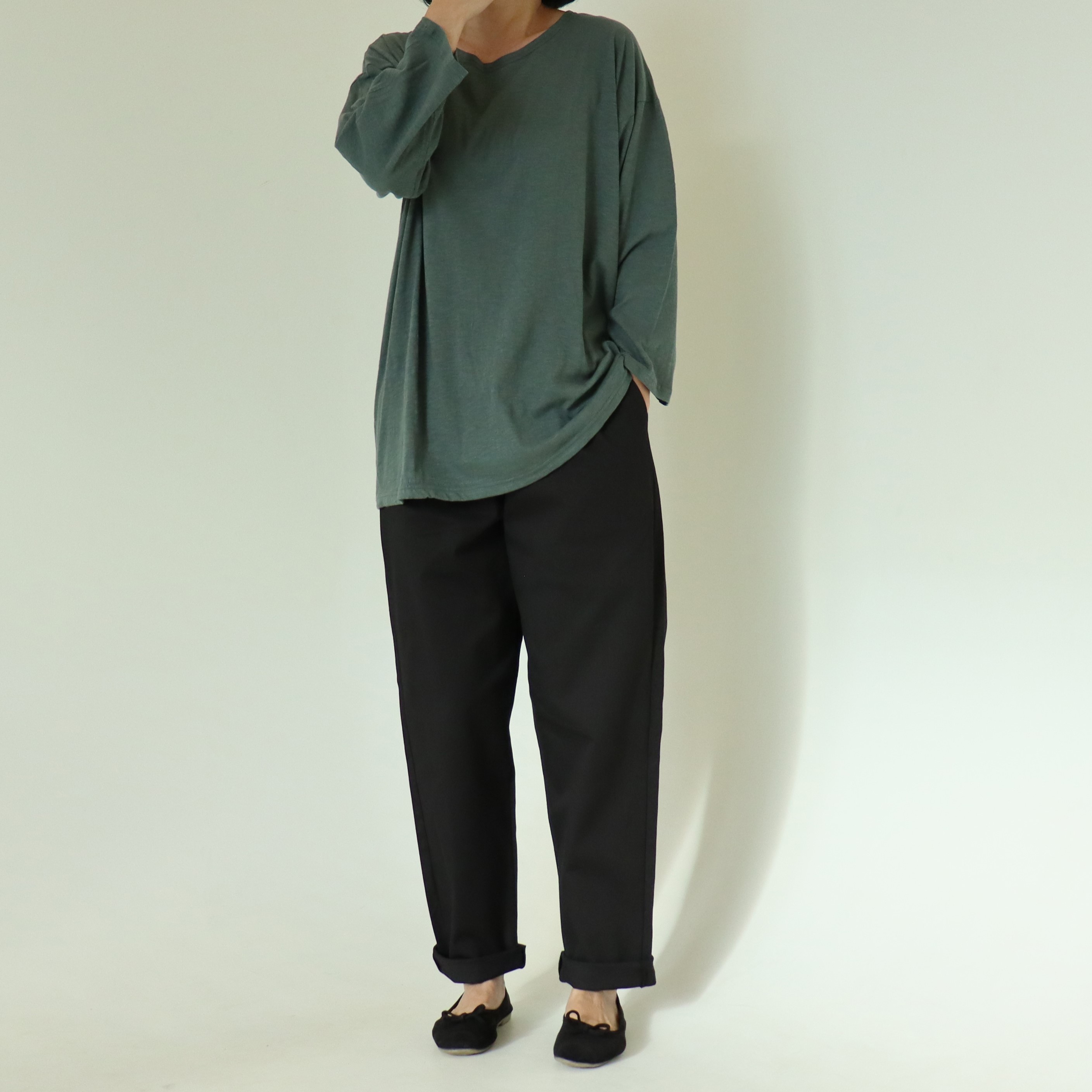 빅사이즈 자체제작 슬라브 면 박시 티셔츠 가벼운 데일리 이너 라운드넥 다크 카키 긴팔 티 이미지 2