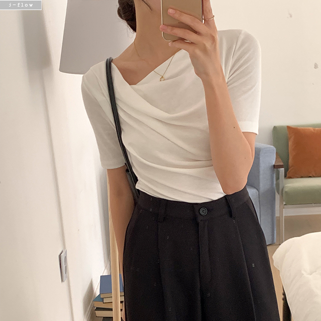 멜터 5부 셔링 드레이프 스판 블라우스 티셔츠 3col 봄 여름 주름 핀턱 제이플로우 이미지 8