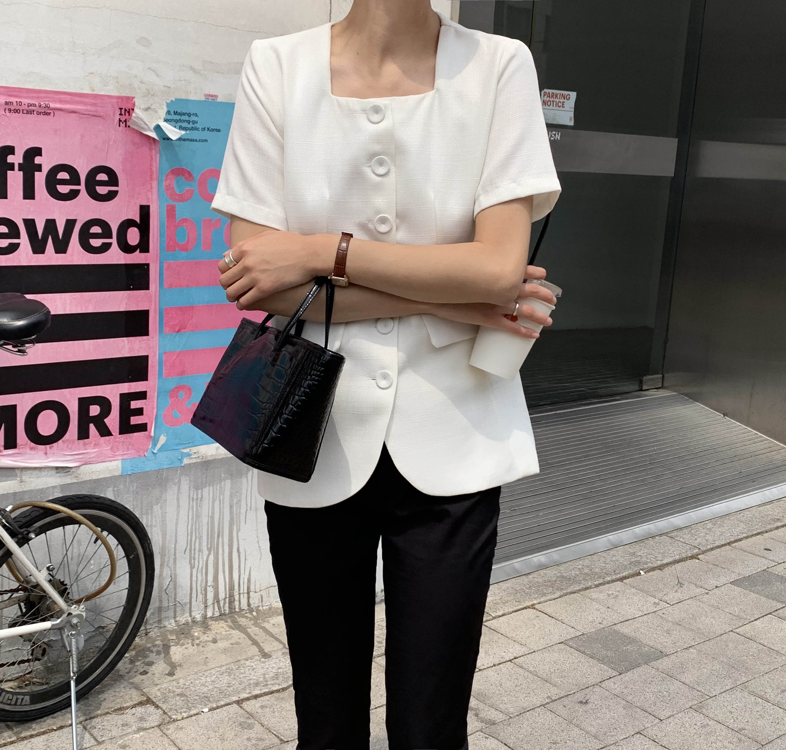 눅스 스퀘어넥 노카라 라인 반팔 재킷 루즈핏 여리 여름 트위드 린넨 썸머 여성 자켓 - 상세 이미지 2