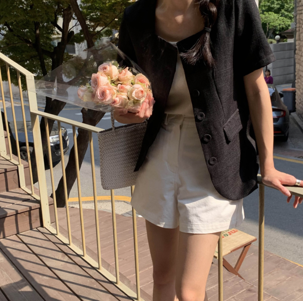 눅스 스퀘어넥 노카라 라인 반팔 재킷 루즈핏 여리 여름 트위드 린넨 썸머 여성 자켓 - 상세 이미지 4