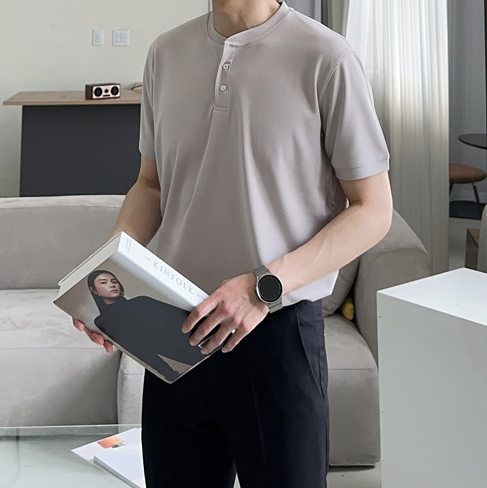 남자 반팔티 무지 정장 헨리넥 반팔 티셔츠 - 상세 이미지 4