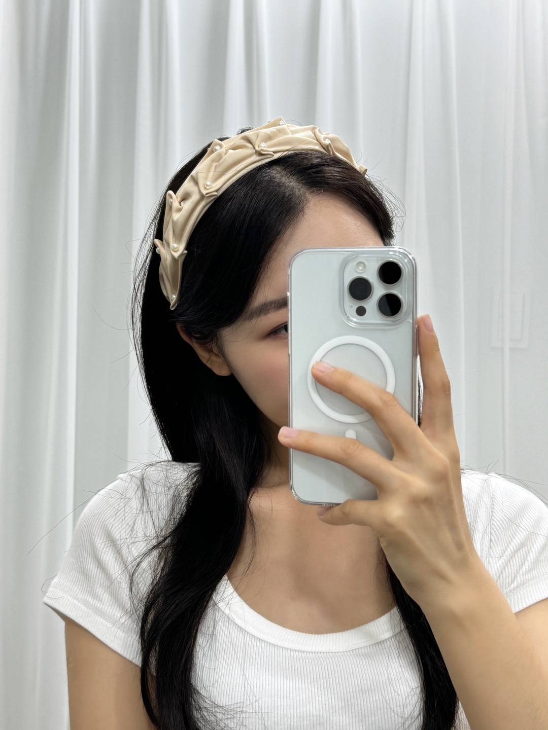 새틴 와이드 볼륨 진주 헤어밴드 머리띠 이미지 6