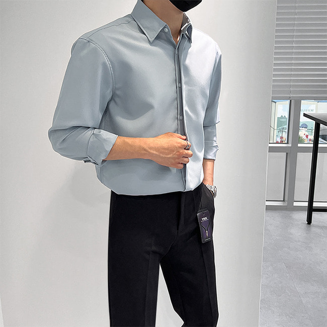 남자 모랄레스 세미오버핏 봄 가을 링클프리 히든 셔츠 - 상세 이미지 5