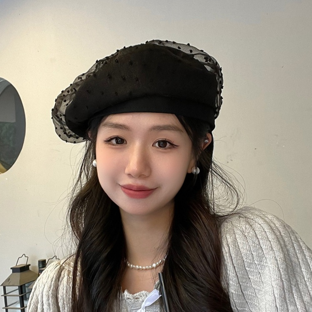 망사 도트 베레모 메쉬 예쁜 고급 디자인 모자 블랙 크림 - 상품 이미지