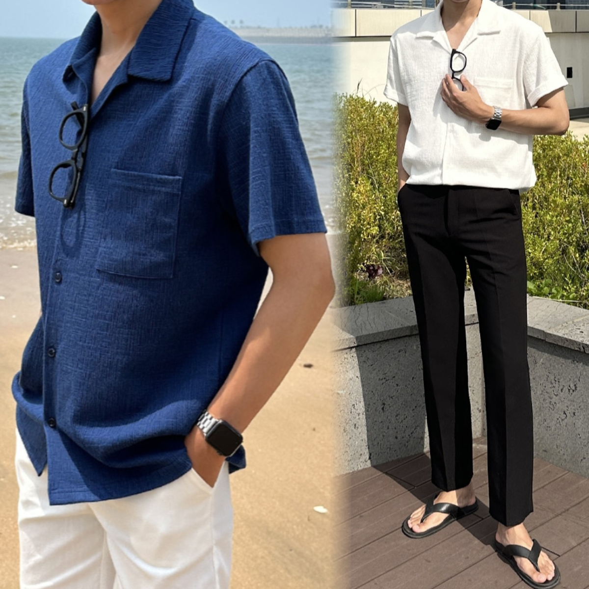 남자 산체스 여름 아이스 쿨 오픈 반팔 카라 셔츠 - 상품 이미지