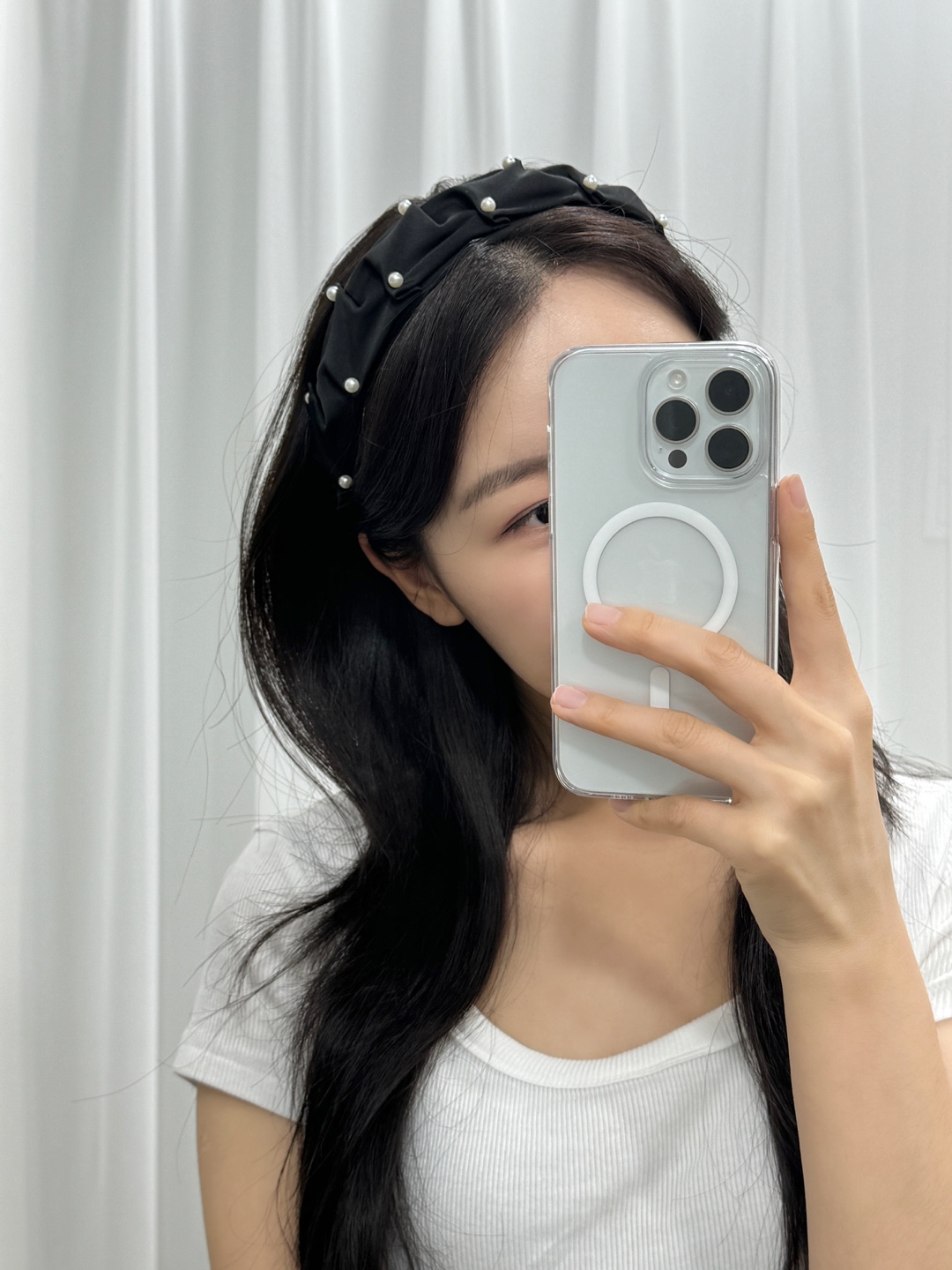 새틴 와이드 볼륨 진주 헤어밴드 머리띠 - 상품 이미지