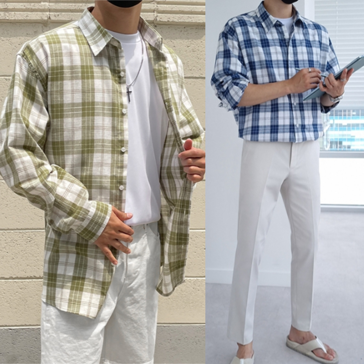 남자 로치 프리미엄 여름 오버핏 린넨 체크 셔츠 90-105 - 메인 이미지