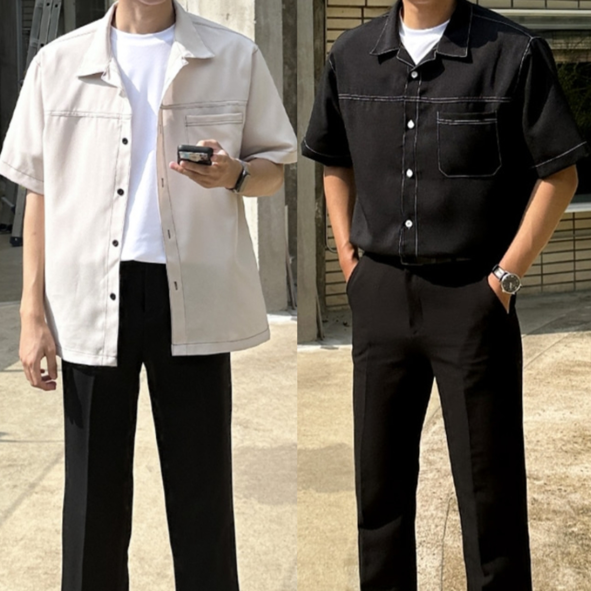 남자 칼소 여름 오버핏 스티치 크롭 린넨 반팔 셔츠