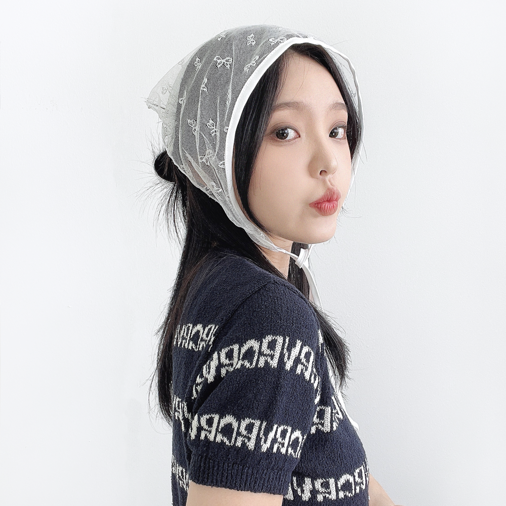 프릴리 리본 여성 봄 여름 삼각 메쉬 망사 보넷 두건 - 상세 이미지 3