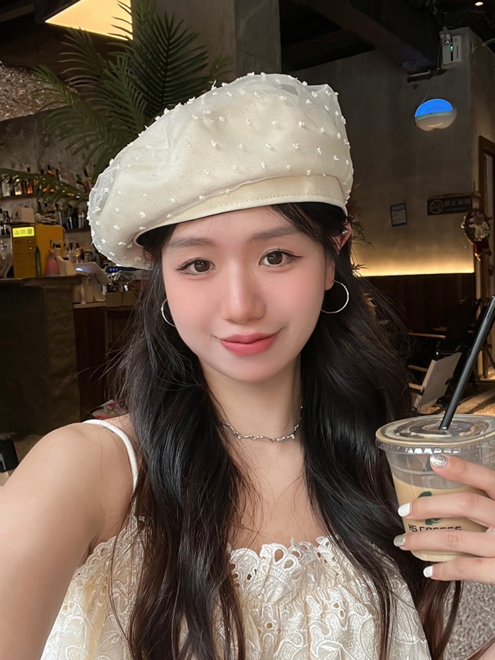 망사 도트 베레모 메쉬 예쁜 고급 디자인 모자 블랙 크림 - 상세 이미지 4