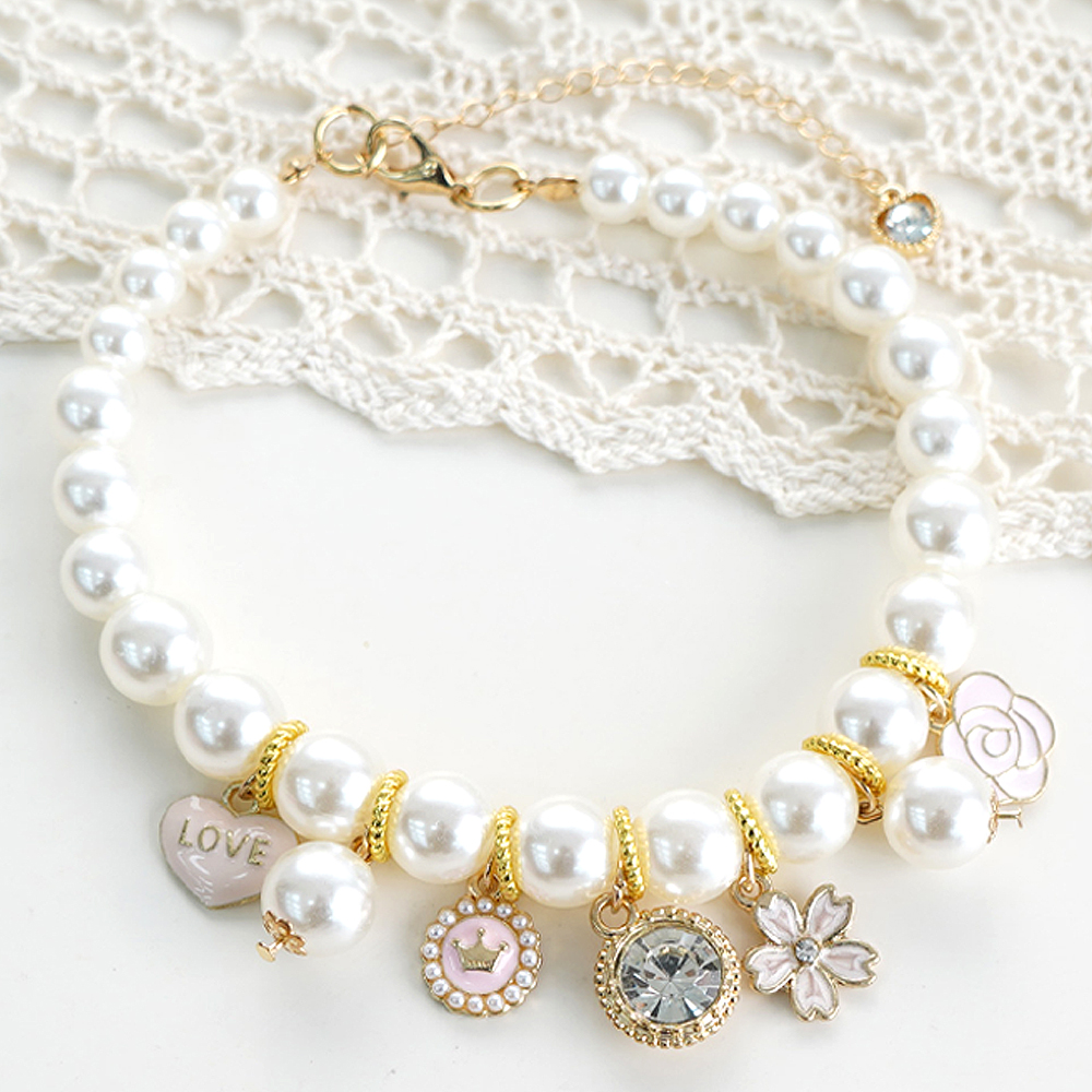 개과천선 러브 플로럴 강아지 목걸이 고급 애견 패션 용품 악세서리 비즈 체인 고양이 핑크