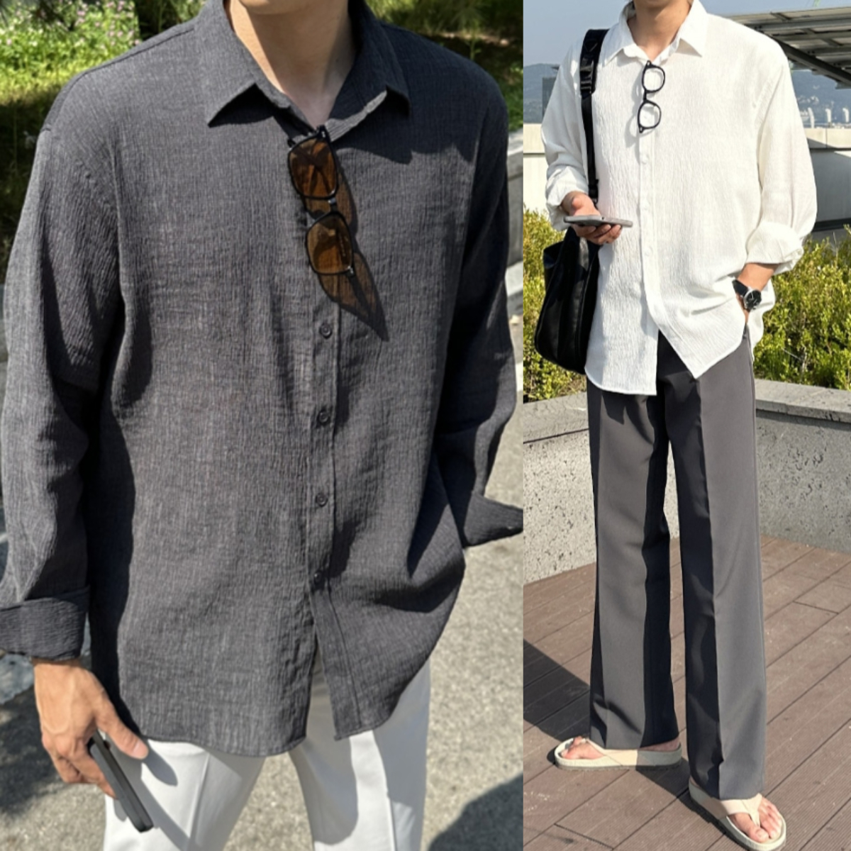 남자 한드로 오버핏 여름 에어 쿨링 플리츠 셔츠 남방