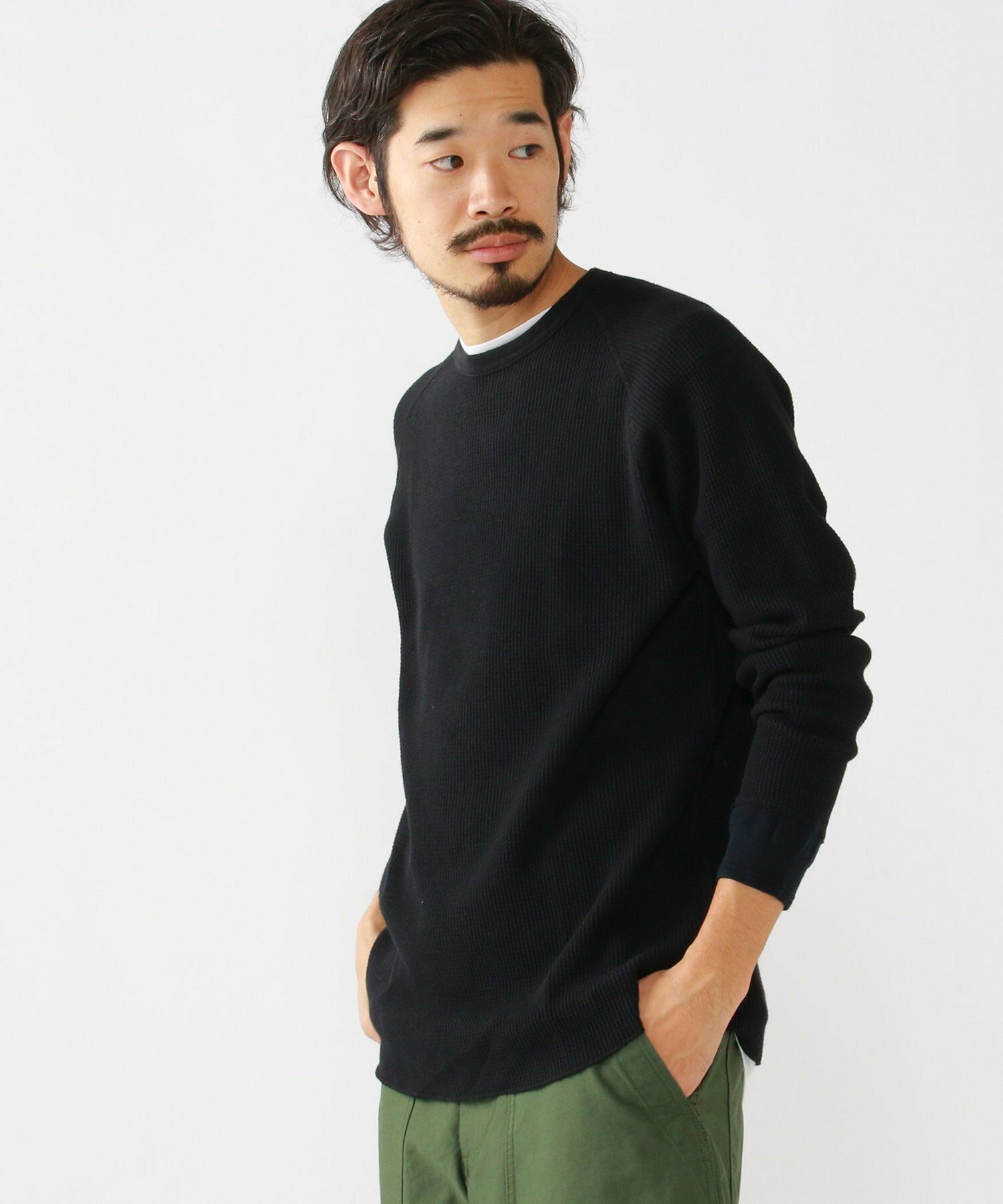 BEAMS PLUS 빔즈 티셔츠 와플 크루넥 롱 슬리브 226114 화이트 오트밀 블랙 - 상품 이미지