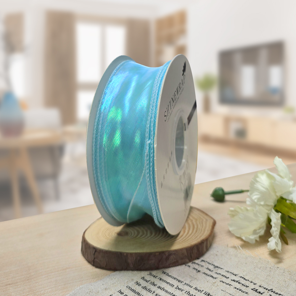 리본 끈 오간디 쉬폰 오로라 펄 선물 포장 스카이블루 40mm 1롤 RB24 - 상품 이미지