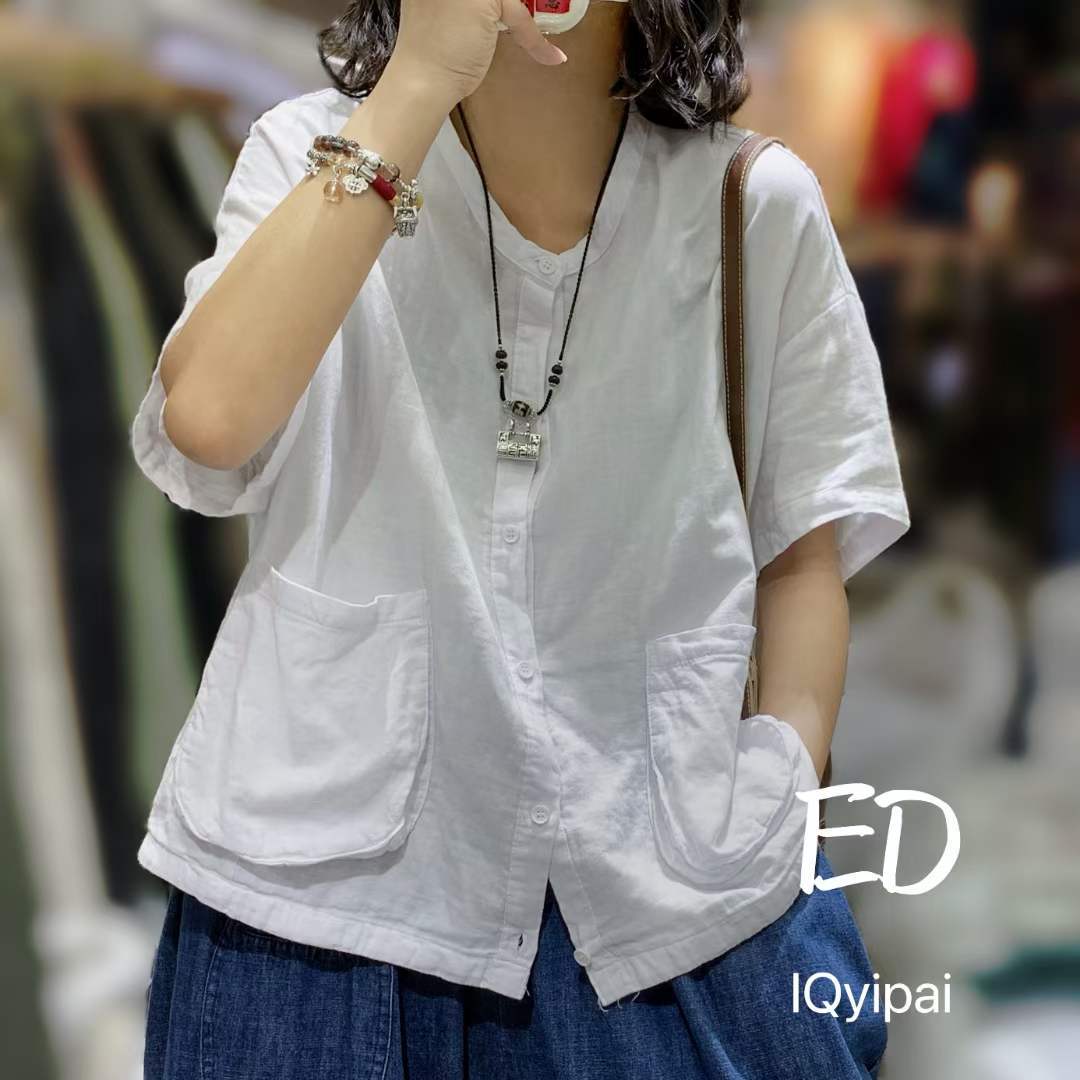 반팔 여름티셔츠 포켓 아사면 루즈핏티셔츠 66 77사이즈 미시옷 3678 - 메인 이미지