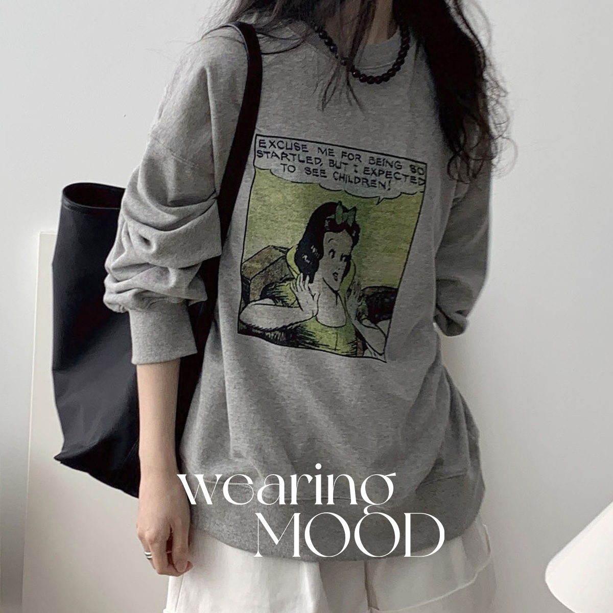 아웃핏 백설 맨투맨 프린팅 여자 루즈핏 여름 스웻 긴팔 티셔츠 (그레이)