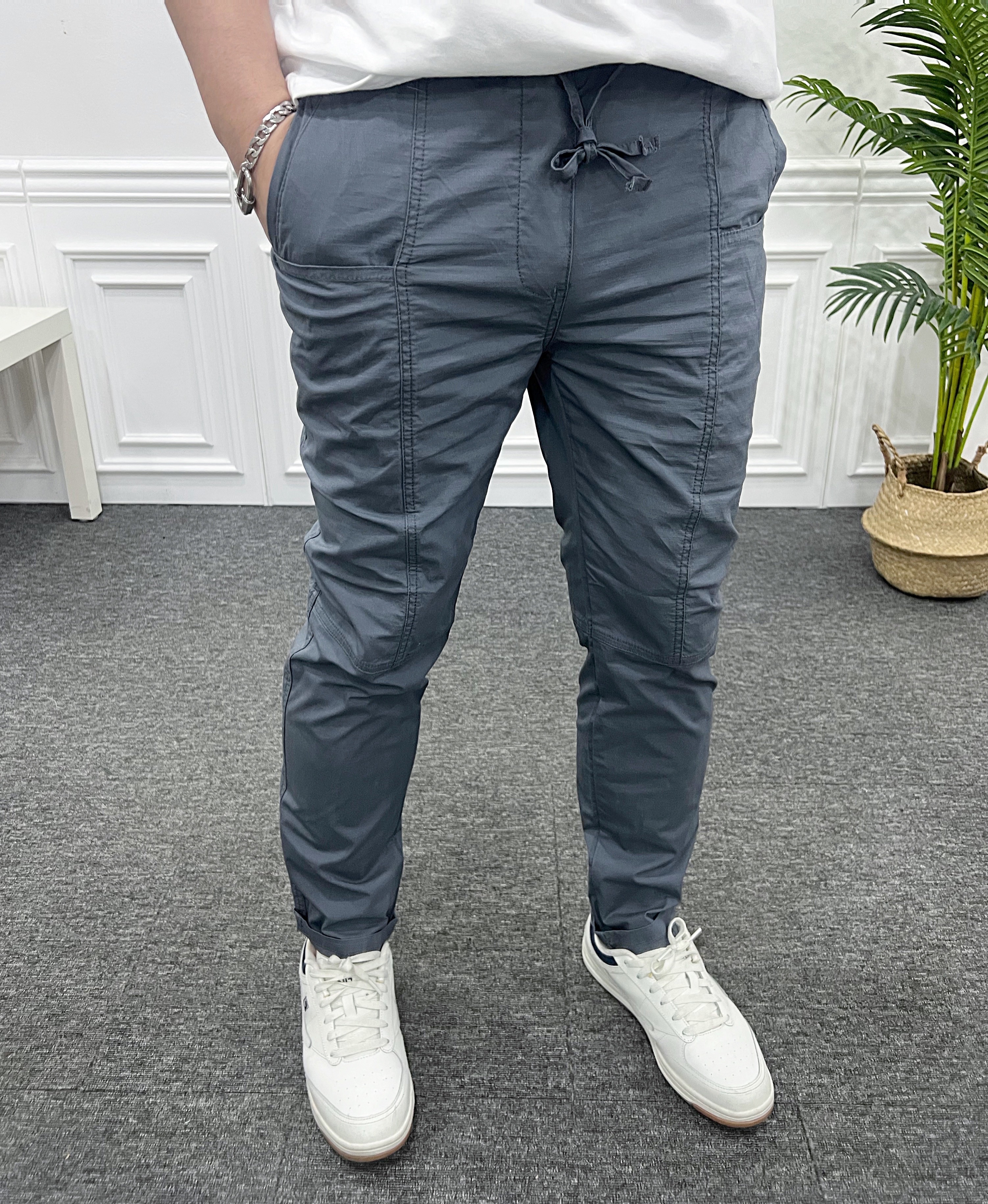 남자 카고바지 밴딩 절개 피그먼트 오픈 포켓 워싱 롤업 면팬츠