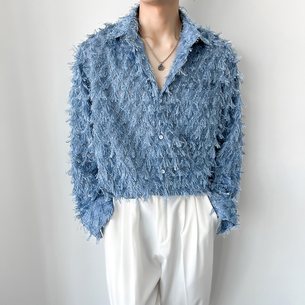 남자 유니크 시스루 댄스 상의 술 깃털 화려한 셔츠 블라우스 남방 3컬러 - 상세 이미지 4