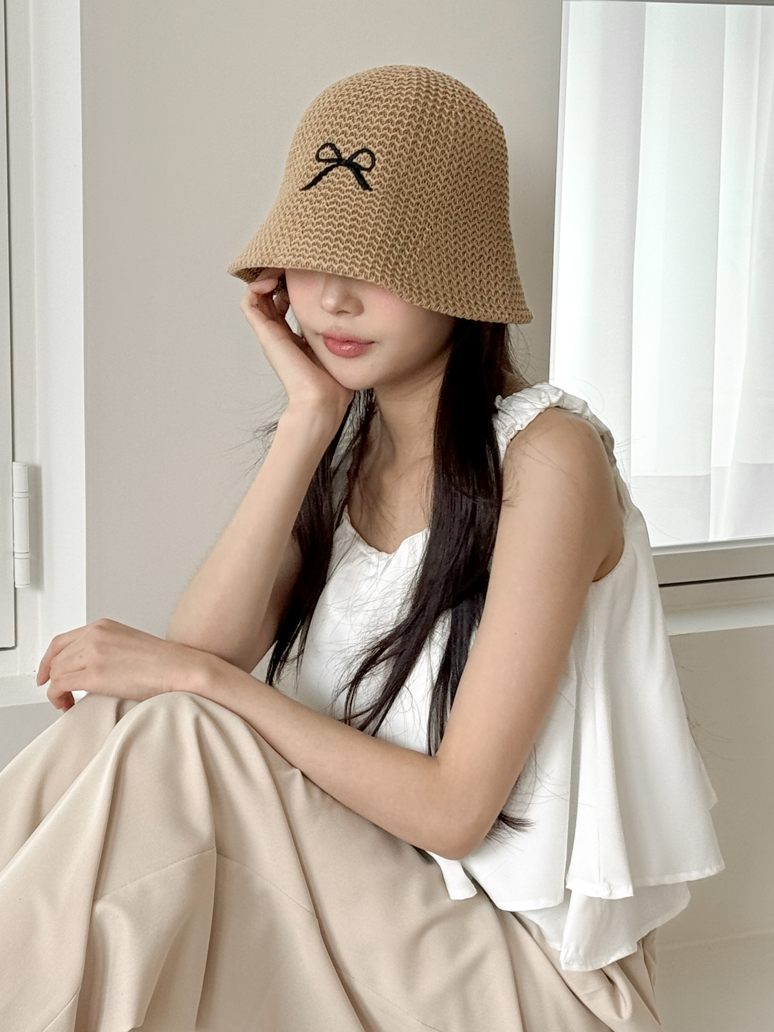 써머 블랙 리본 자수 여름 벙거지 모자 3color 상세 이미지 19