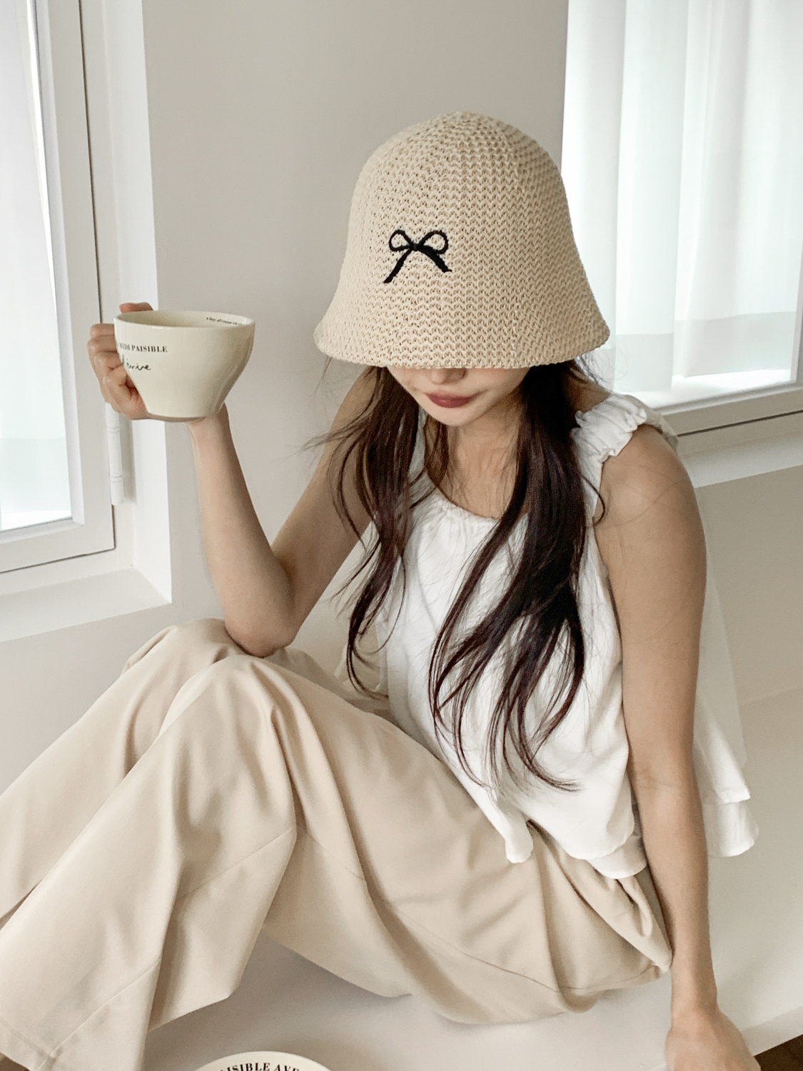 써머 블랙 리본 자수 여름 벙거지 모자 3color 상세 이미지 12