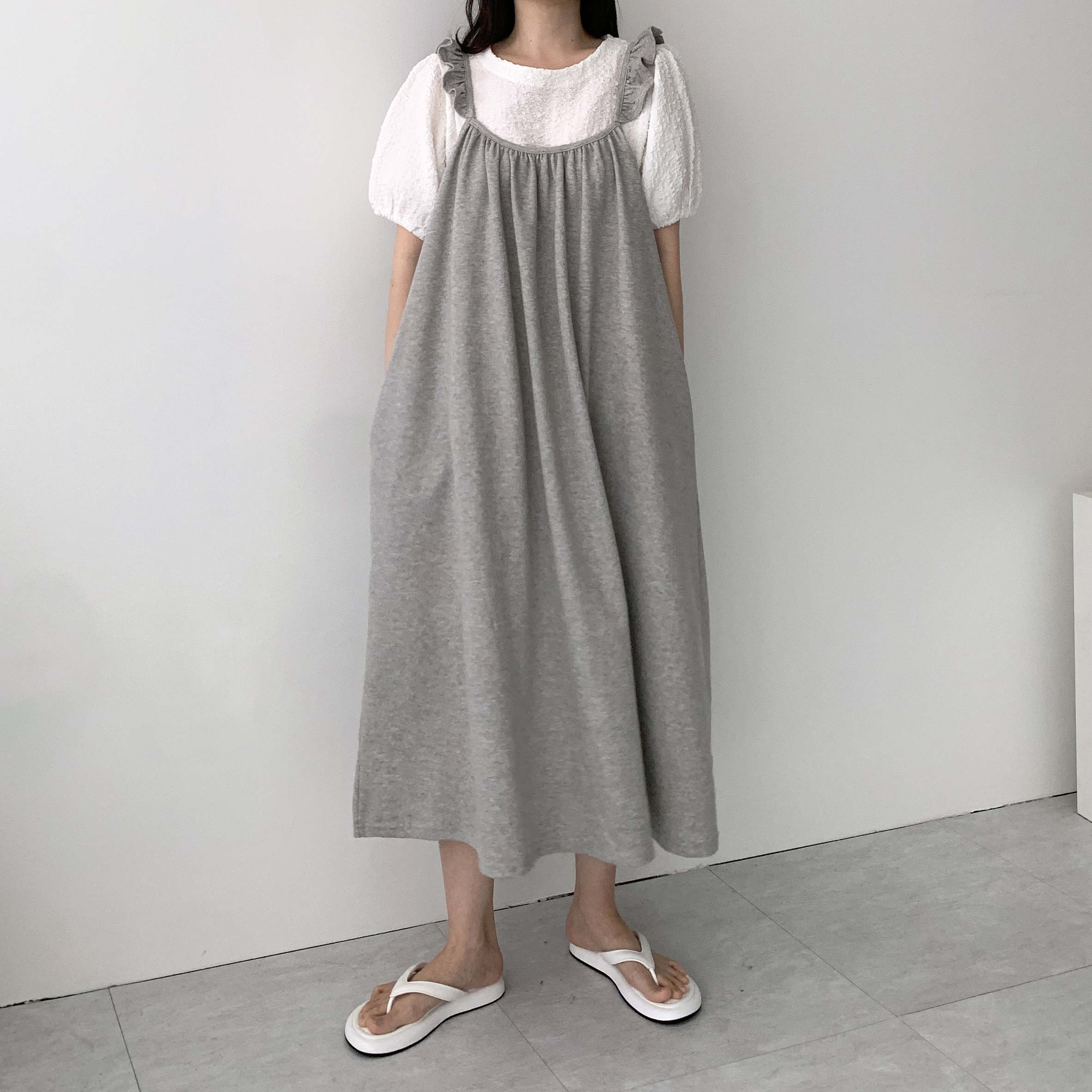 자체제작 프릴 멜빵원피스 오버롤원피스 꾸안꾸 레이어드원피스 뷔스티에 - 상품 이미지