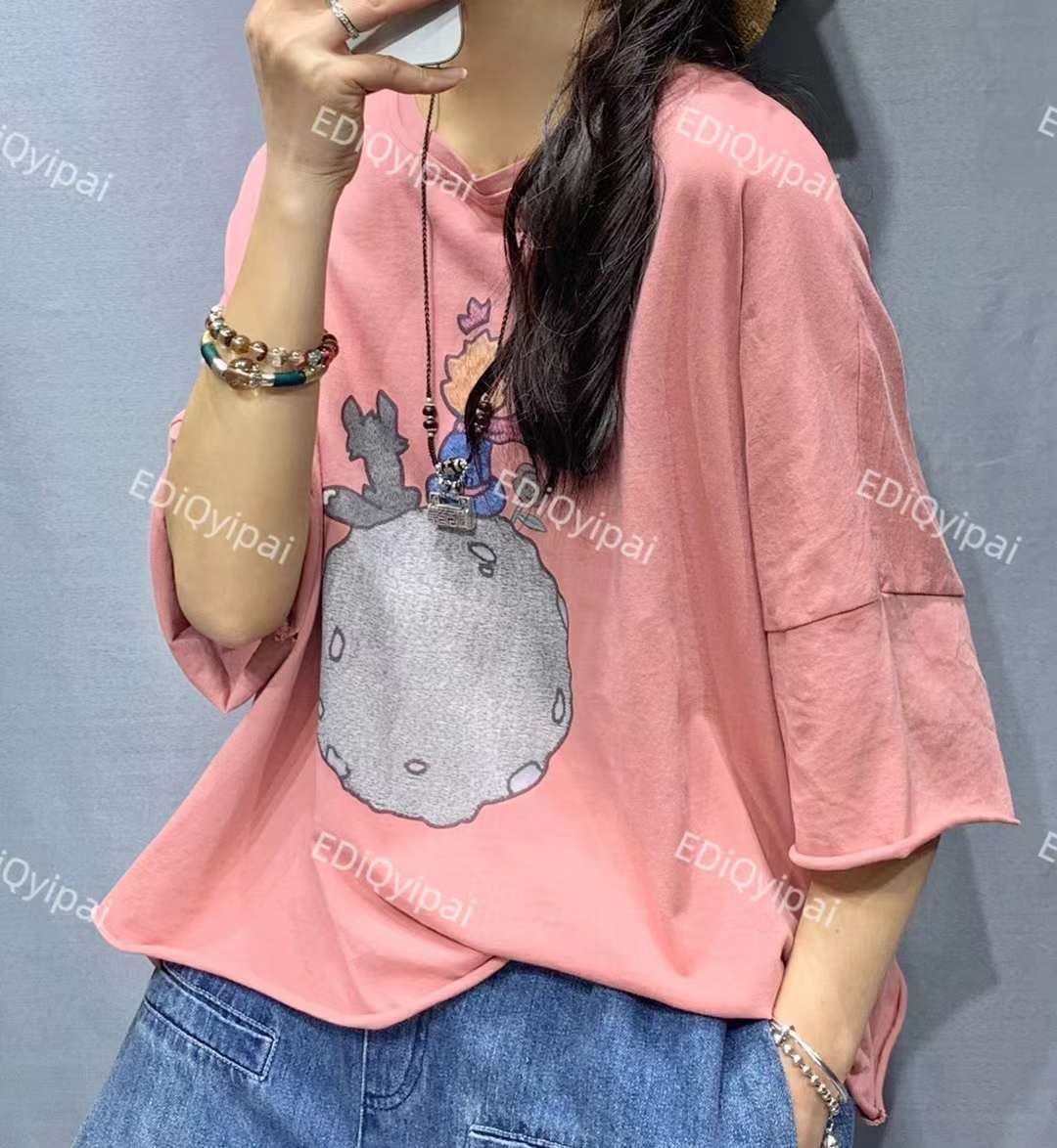 순면티셔츠 여름 오버핏 7부소매 어린왕자 3558 - 상세 이미지 4