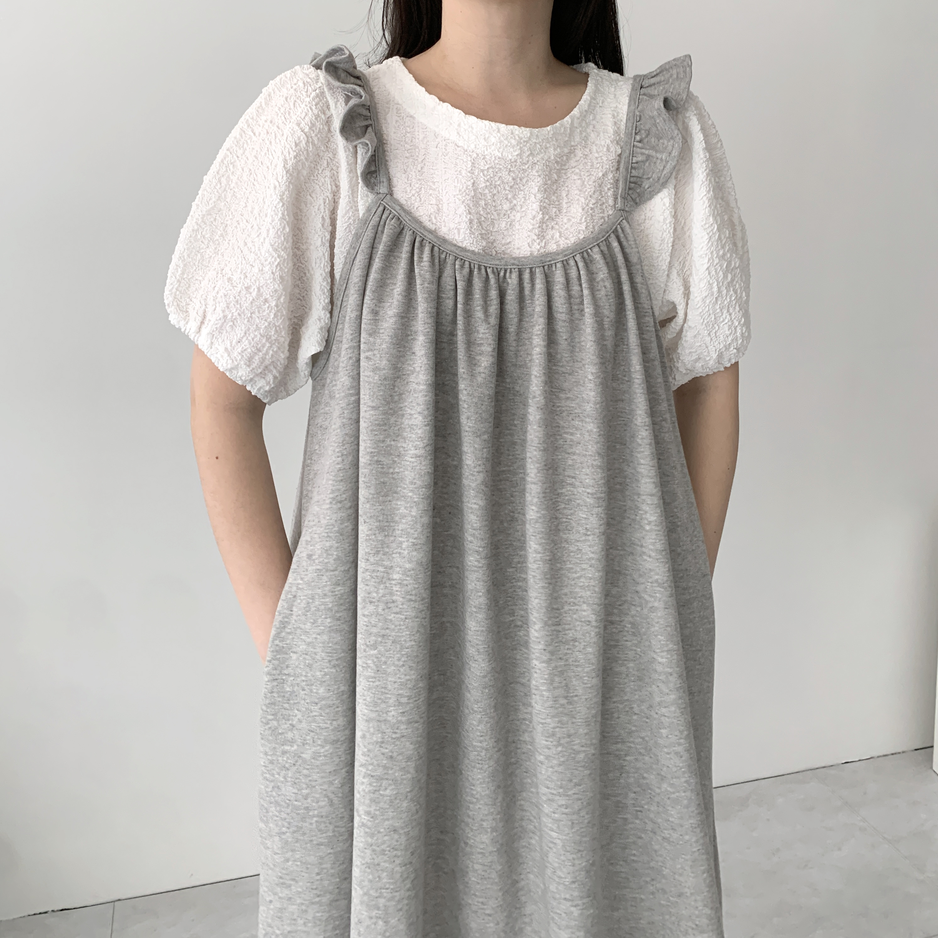 자체제작 프릴 멜빵원피스 오버롤원피스 꾸안꾸 레이어드원피스 뷔스티에 - 상세 이미지 3