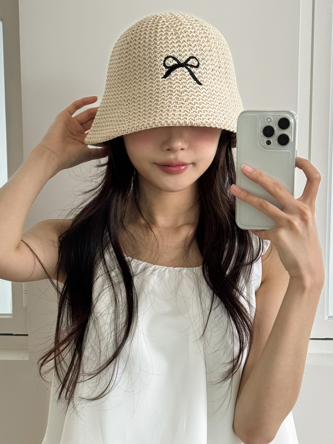 써머 블랙 리본 자수 여름 벙거지 모자 3color 상세 이미지 10